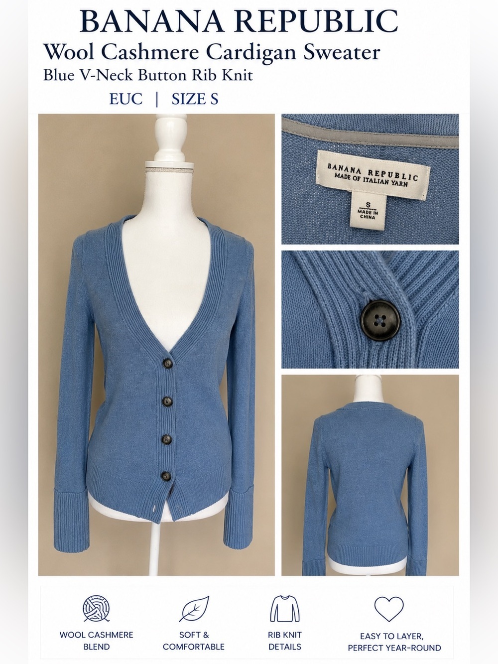 Banana Republic Wool Cashmere Cardigan Sweater Blue V-Neck Button Rib Knit Sz S
